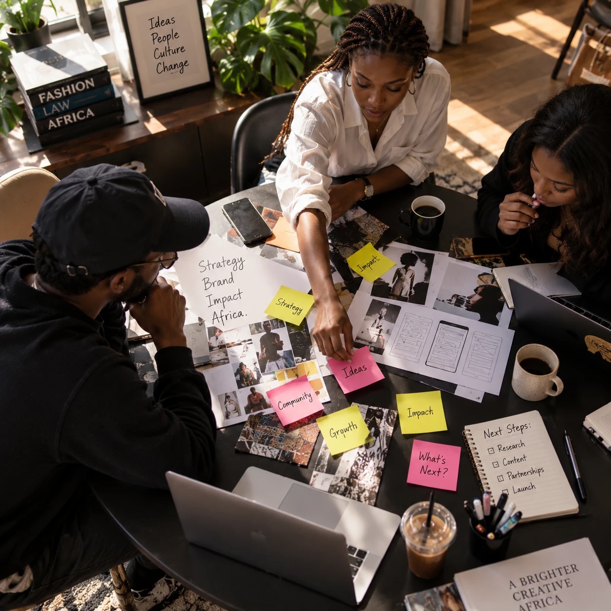 A small team working together at a long table