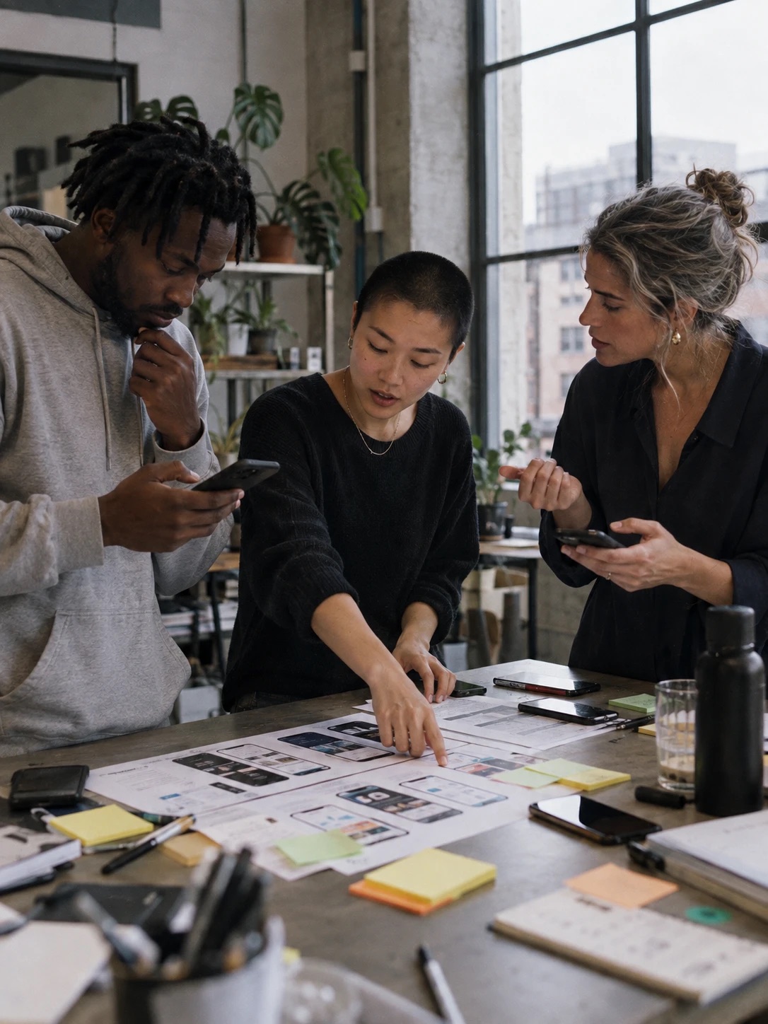 Three teammates testing an app on their phones over printed screens