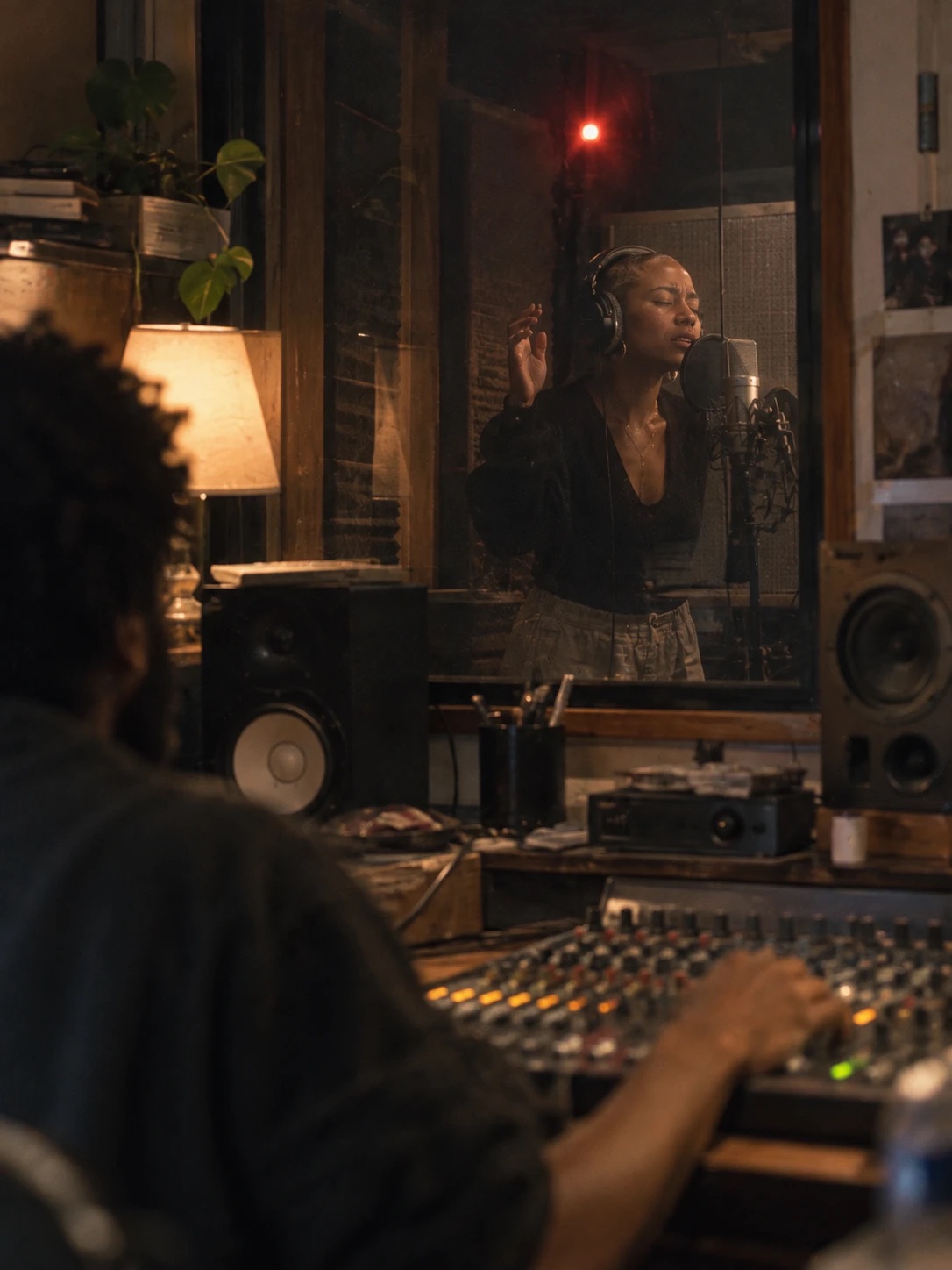 A vocalist singing in the booth, seen past the producer at the mixing desk
