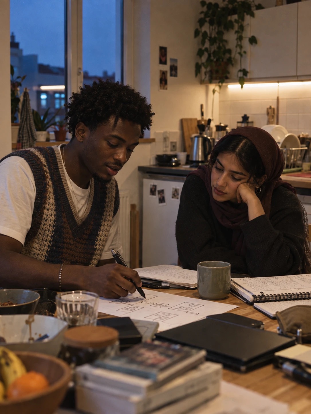 A student explaining a diagram to a classmate at a kitchen table at dusk