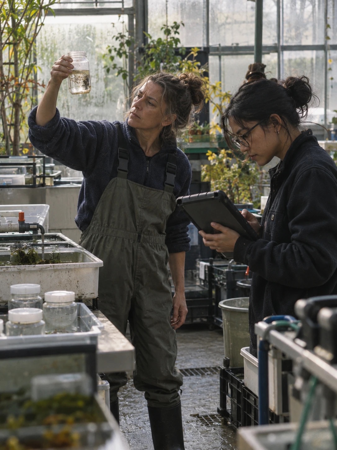 A biologist holding a water sample to the light while a data scientist records it